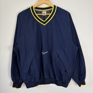 Vtg 90s Nike Jacket Men's M Navy Windbreaker Swoosh Pullover V Neck Yellow Trim